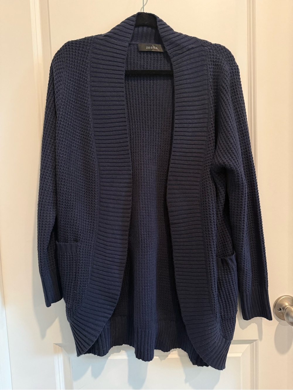 Zespa Navy Ribbed Shawl-Collar Open Cardigan